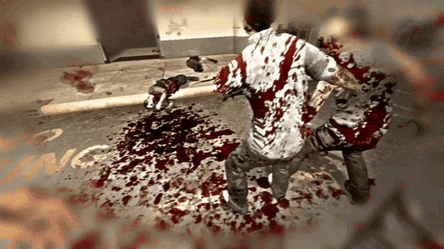 a bloody scene in a video game with a sign that says ' nc ' on it