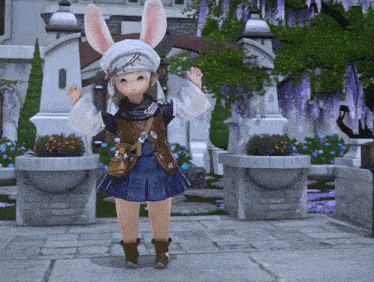 a girl with bunny ears and a blue dress