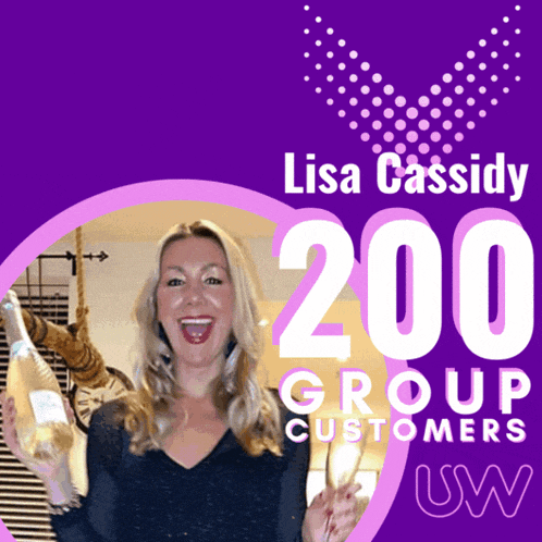 a woman is holding a bottle of wine in front of a sign that says lisa cassidy 200 group customers uw