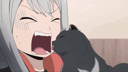 a cartoon of a girl with her mouth open and a cat licking it