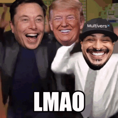 elon musk donald trump and a man wearing a hat that says multivers lmao