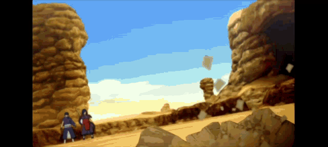 a cartoon scene of a desert with a blue sky in the background