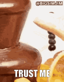 a chocolate fountain with the words " trust me " on the bottom