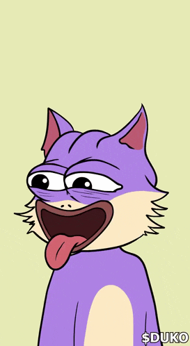 a cartoon of a purple cat sticking its tongue out with the word duk on the bottom
