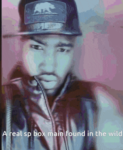 a man wearing a hat with the words " a real sp box main found in the wild " on the bottom