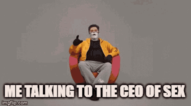 a man with silver paint on his face and the words " me talking to the ceo of sek "
