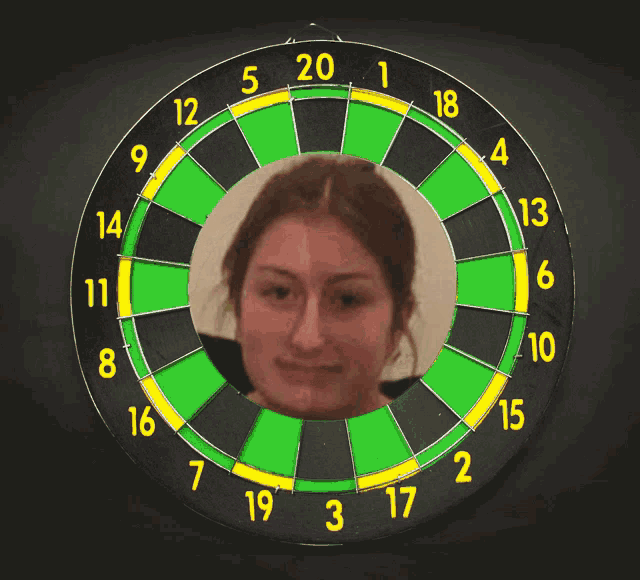 a dart board with a woman 's face in the center and the number 20 on it