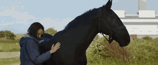a woman petting a black horse in a field with the words dream horse on the bottom right