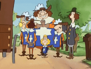 a group of cartoon characters standing next to each other on a dirt road