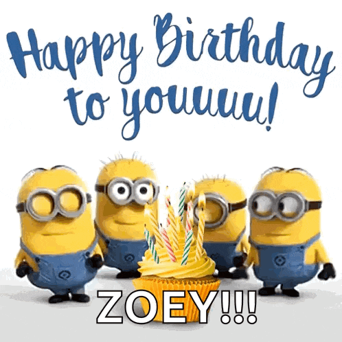a group of minions standing around a cupcake with candles and the words happy birthday zoey