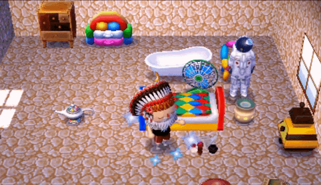 a video game character wearing a native american headdress stands in a room
