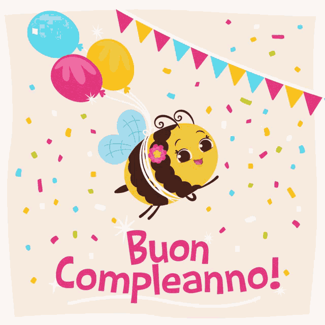 a birthday card with a bee holding balloons and the words buon compleanno on the bottom