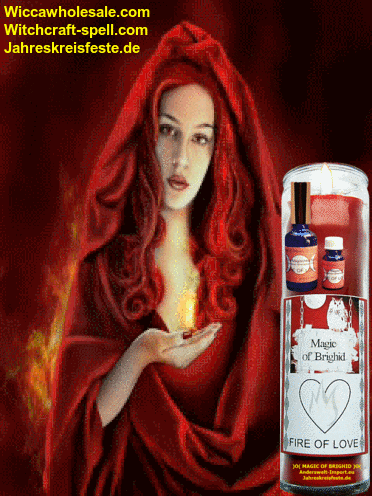 a woman with red hair is holding a candle that says fire of love on it