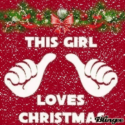 a christmas card that says `` this girl loves christmas '' with two hands on a red background .