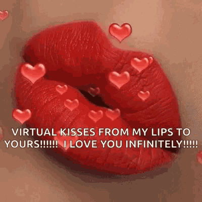 a close up of a woman 's red lips with red hearts coming out of them .