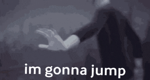 a person is flying through the air in front of a building with the words `` im gonna jump '' written below them .