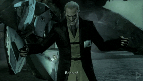 a man in a suit is standing in front of a robot and says behold