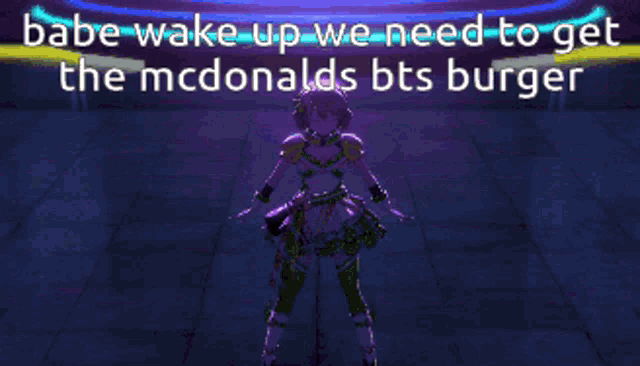 a girl in a green dress is dancing in front of a purple background that says babe wake up we need to get
