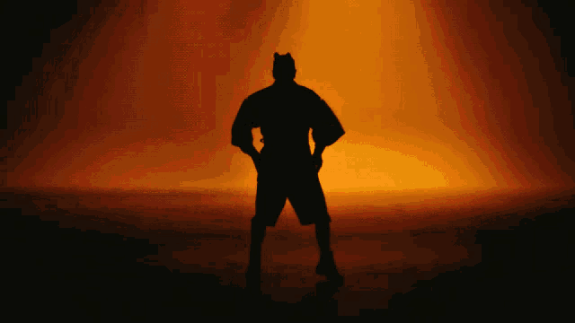 a silhouette of a man with his hands in his pockets in front of an orange background