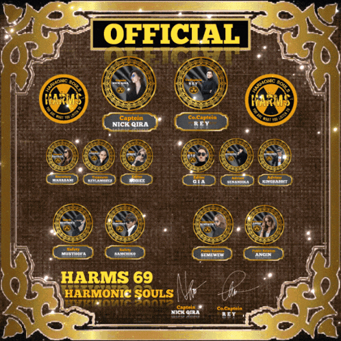 a poster for harms 69 harmonic souls has a gold frame around the poster