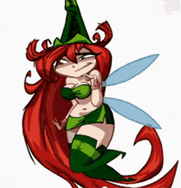 a cartoon illustration of a fairy with red hair and green wings