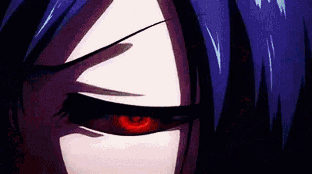 a close up of a person 's face with red eyes and a purple hair .
