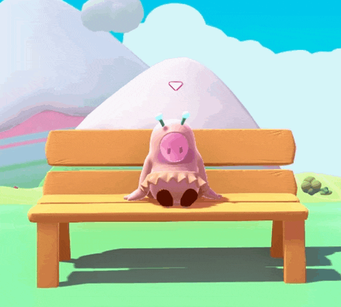 a cartoon pig is sitting on a bench in front of a mountain