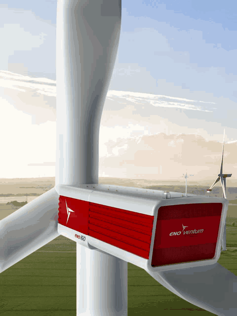 a wind turbine with a red and white box that says end ventum on it