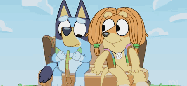 two cartoon animals are sitting next to each other on a bench