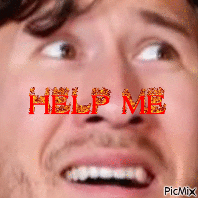 a close up of a man 's face with help me written in red