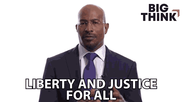 a man in a suit and tie is speaking about liberty and justice for all