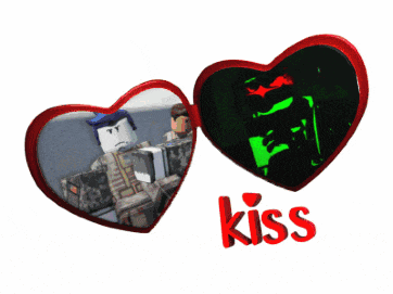 a picture of two hearts with the word kiss in red