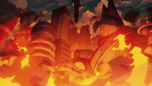 a cartoon drawing of a city on fire with a person flying through the air