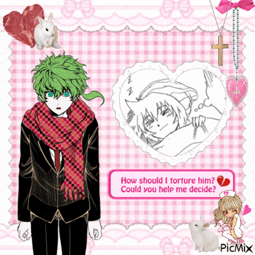 a picture of a boy with green hair and a heart that says how should i torture him