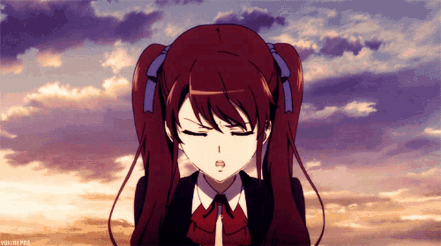 a girl with pigtails and a bow tie is looking down with yukiepie written below her
