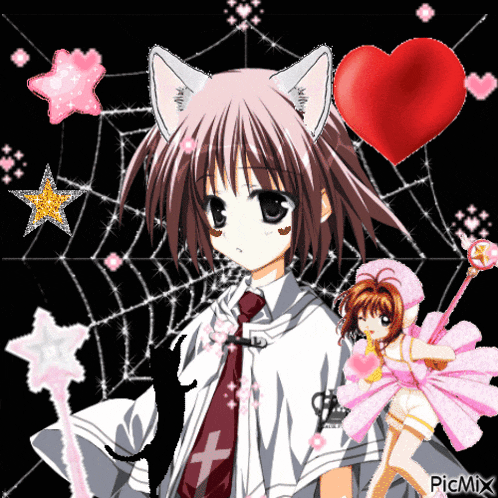 a girl with cat ears is surrounded by other anime characters and a heart