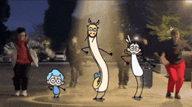 a group of people are dancing with a cartoon character that looks like a dragon