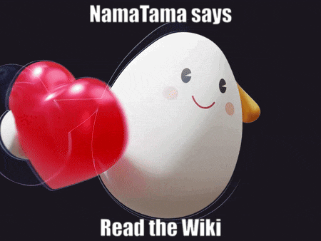 a cartoon character holding a red heart with the words namatama says read the wiki below it