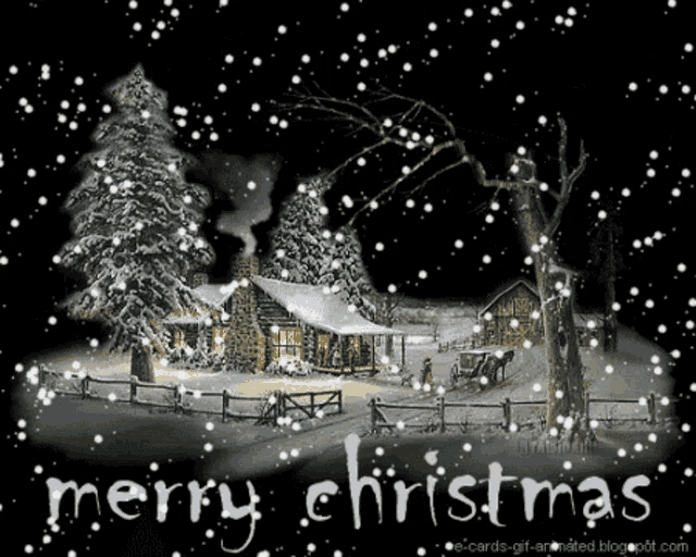 a merry christmas greeting card with a house in the snow