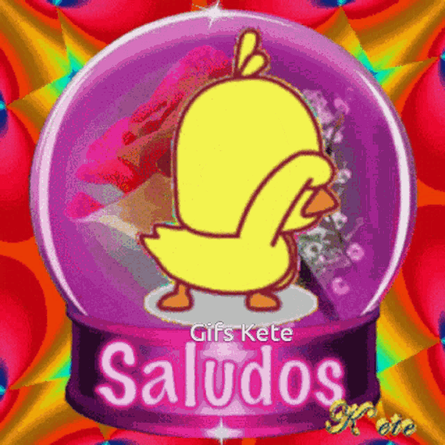 a purple snow globe with a yellow duck and the words saludos on the bottom