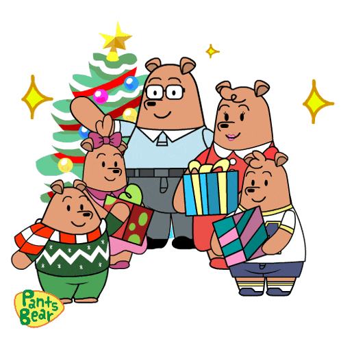 a cartoon of pants bear and his family holding presents