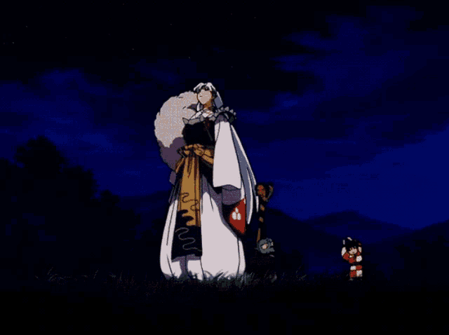 a cartoon character standing in the grass with mountains in the background at night