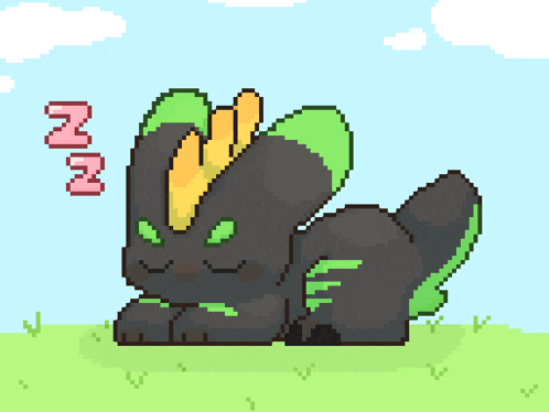 a pixel art drawing of a black rabbit with green wings and the word n on the bottom right