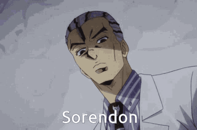 a cartoon of a man with the word sorendon written on the bottom