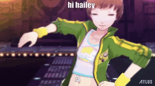 a girl in a green and yellow jacket is dancing in a video game and says hi hailey .