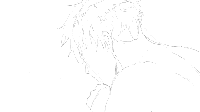 a black and white drawing of a man 's head and neck