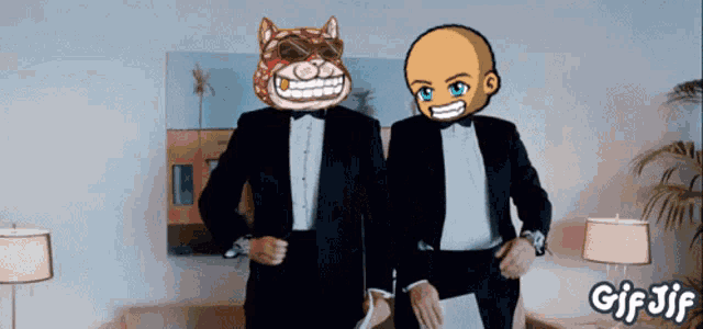 two men in tuxedos are standing next to each other with gif jif written on the bottom right