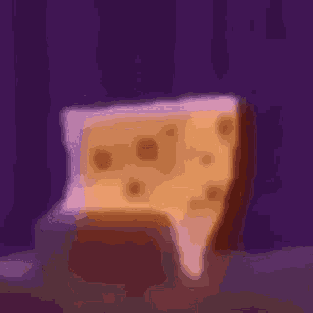 a piece of cheese with holes in it is on a purple background