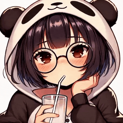 a girl wearing glasses and a panda hoodie drinking through a straw