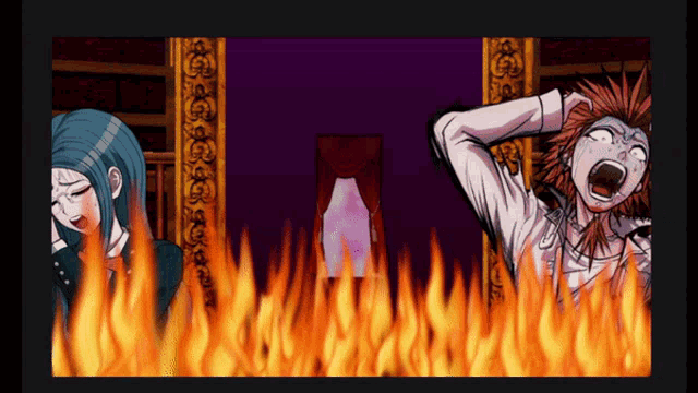 a man and a woman are in a room with flames behind them